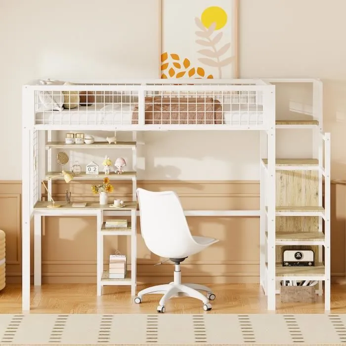 Lit mezzanine - DREAMMESPACE - 90x200cm - Blanc - Échelle de sécurité - Armoire intégrée-1