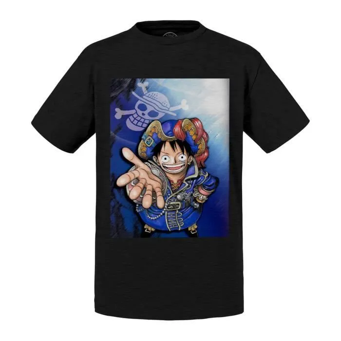 T-shirt Enfant Noir Luffy Chapeau De Pirate One Piece Manga Anime Japon-0