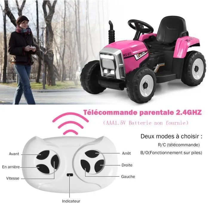 COSTWAY 12V Tracteur Électrique Enfants à 6 Pneus - Pelle, Remorque Amovible, LED, Musique - Télécommande 2,4G, 3-8km/h, Rose-1