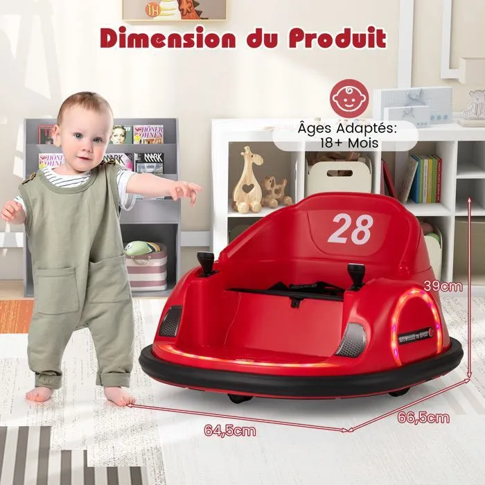 COSTWAY 12V Auto Tamponneuse Electrique pour Enfants, Connexion Sans Fi, LED, Musique, Rotation à 360°, 18+ Mois Rouge-1