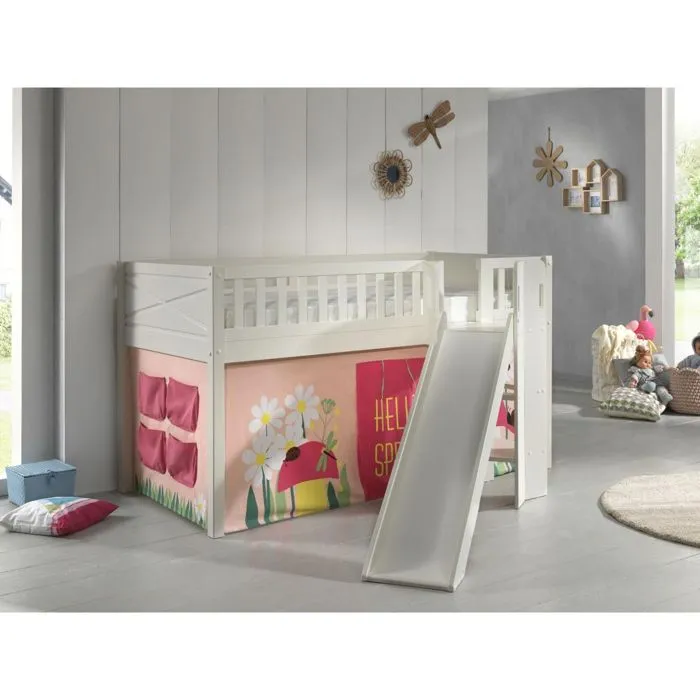 Lit Mezzanine avec Toboggan et Rideau Spring - Vipack - Scott - Blanc - Enfant - 1 place-1