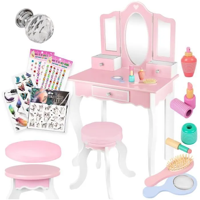 Coiffeuse - Kinderplay - GS3300 - Miroir et Tabouret - Accessoires Inclus - Rose-0
