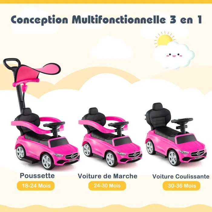 COSTWAY Mercedes Benz 3 en 1 Porteur Enfants avec Canopy Réglable, Barre de Direction, Klaxon, pour 18- 36 Mois, Charge 25kg, Rose-1