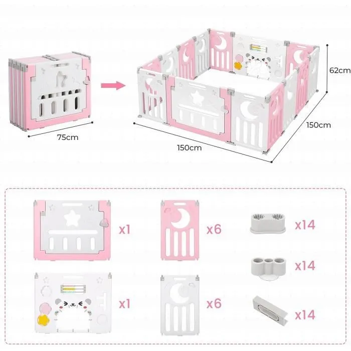 Parc Bébé Pliable, Parc Bebe Modulable Plastique 150×150cm, Parc Bebe avec Porte, Parcs Enfant XL avec Panneau d'activité, Rose-3