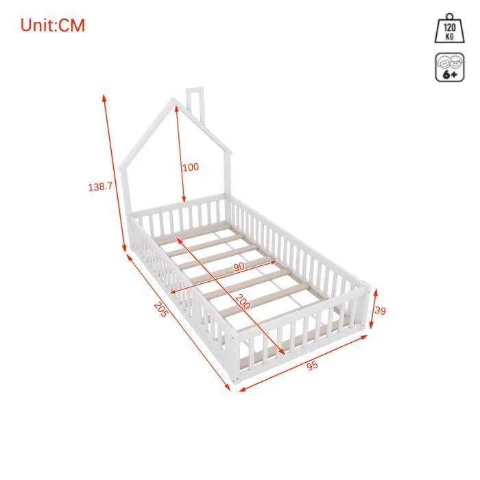 Lit cabane enfant 90x200cm - lit en forme de cheminée avec sommier à lattes - bois de pin, blanc-3