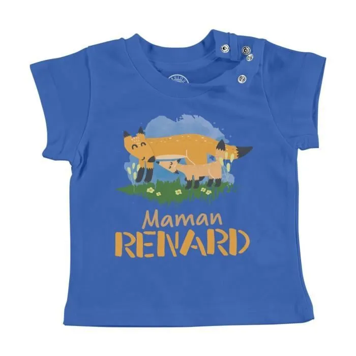 T-shirt Bébé Manche Courte Bleu Maman Renard et son Bébé Renard Dessin Illustration-0