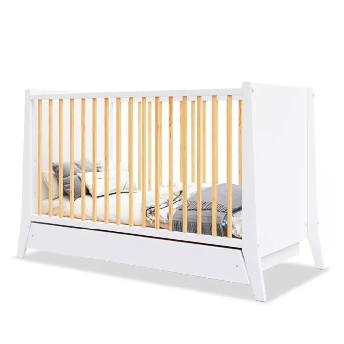 Lit bébé évolutif - Timeo - Blanc & bois - Ajustable sur 3 hauteurs - Tiroir de rangement-0