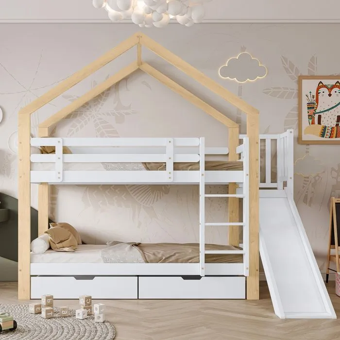 Lit superposé - Enfant - Maison avec toboggan - Bois massif - Blanc + Naturel - 90x200cm-5