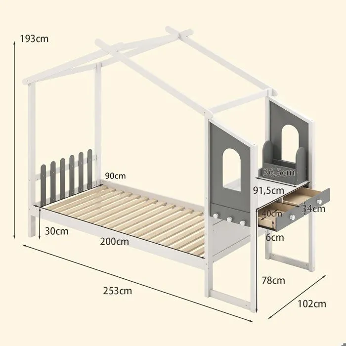 COSTWAY Lit Simple 200 x 90 cm avec Bureau, Lit Plateforme avec Crochets et Tiroirs, 18 Lattes en Bois, Structure de Lit Blanc Gris-5
