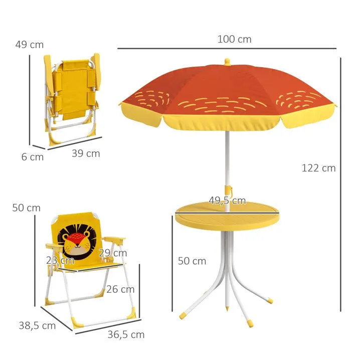 Ensemble salon de jardin enfant 4 pcs design lion - chaises pliables - métal polyester jaune rouge-3