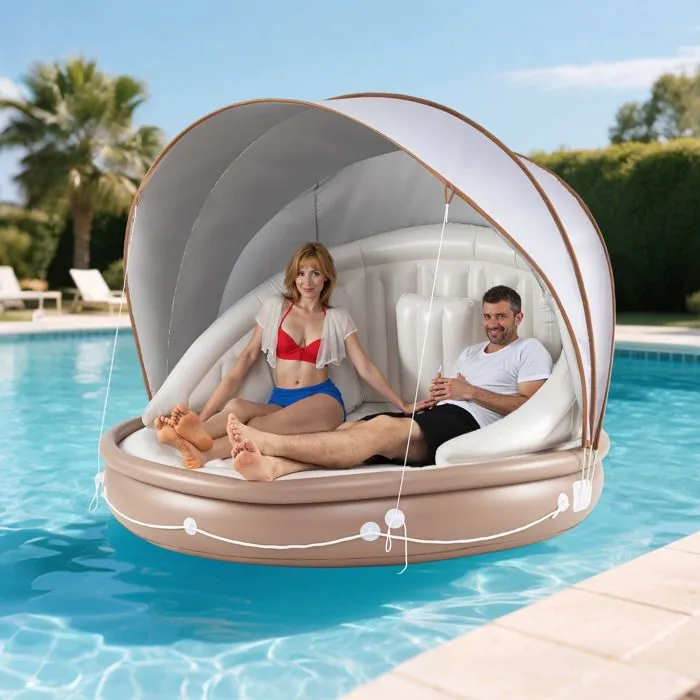 COSTWAY Matelas Gonflable À Eau Flottante avec Auvent rétractable et amovible, 3 Oreillers, 186 x 186 x 155 cm, 180KG-0