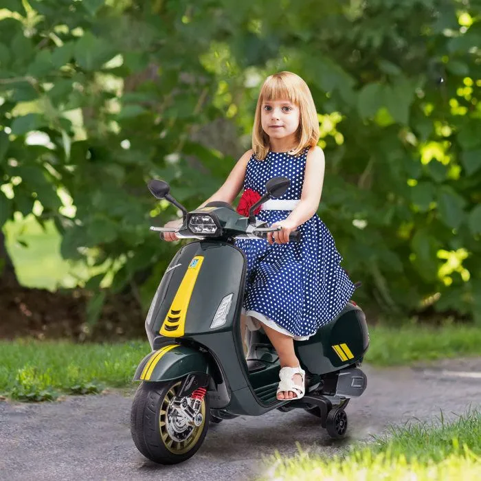 Scooter électrique enfant AIYAPLAY Vespa 6 V dim. 107L x 47l x 73H cm Musique MP3 Port USB Phare 2 roulettes, pour 3-6 ans, Vert-1