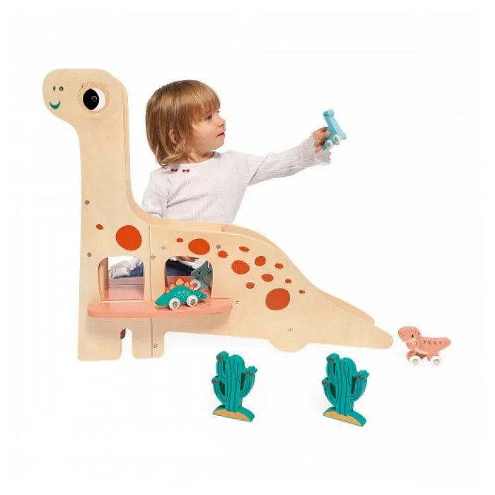 Garage Dino Diplodocus - JANOD - Jouet en bois FSCTM - 4 Dinos et 2 Cactus-2