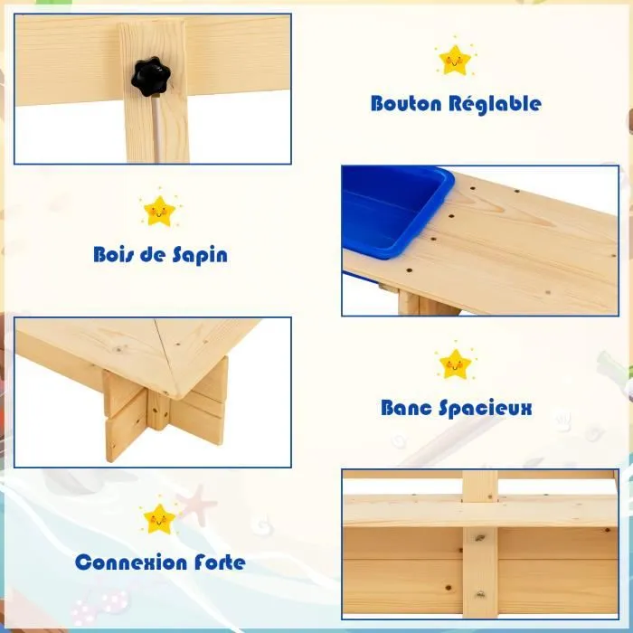 COSTWAY Bac à Sable en Bois Enfant 115 x 115 x 121 cm avec Toit Réglable et Pivotant Boite de Rangement et Banc pour Jardin-1