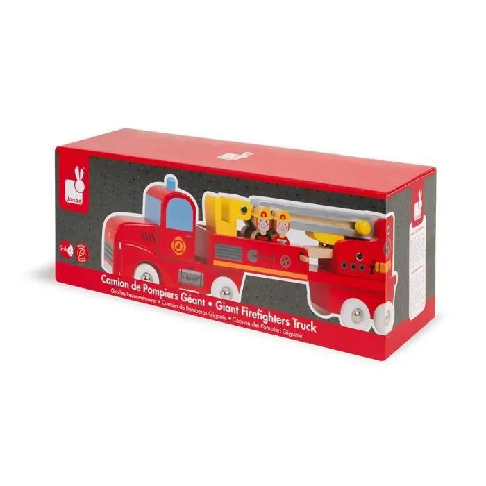 Camion de Pompiers Géant en Bois JANOD - Story - Pour Enfants dès 2 Ans - Rouge-3