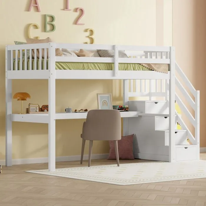 Lit mezzanine - Blanc - 90x200cm - Bureau intégré - Escalier avec rangement - 1 place-2