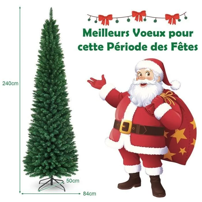 COSTWAY Sapin de Noël Artificiel 240 cm 1000 Branches Support en Métal Solide Aiguilles en PVC Décoration de Fêtes Vert Naturel-3