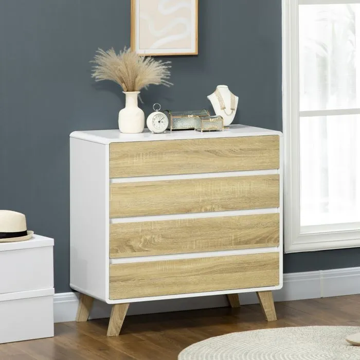 Commode - HOMCOM - 4 tiroirs - design scandinave - pour couloir, chambre, salon - 80 x 40 x 79,5 cm - blanc et aspect bois-1