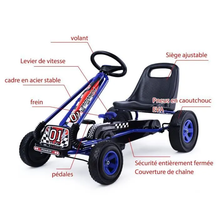 Kart à Pédales en Métal 1 Place Bleu avec Roues en Caoutchouc 101 x 61 x 62CM Convient pour 3 à 8 ans Go Karting Enfant-1