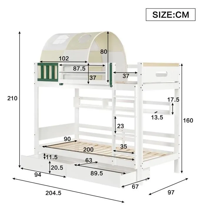 Lit superposé - Noname - 90x200 cm - Tente intégrée - Protection contre les chutes - Rangement sous le lit-2