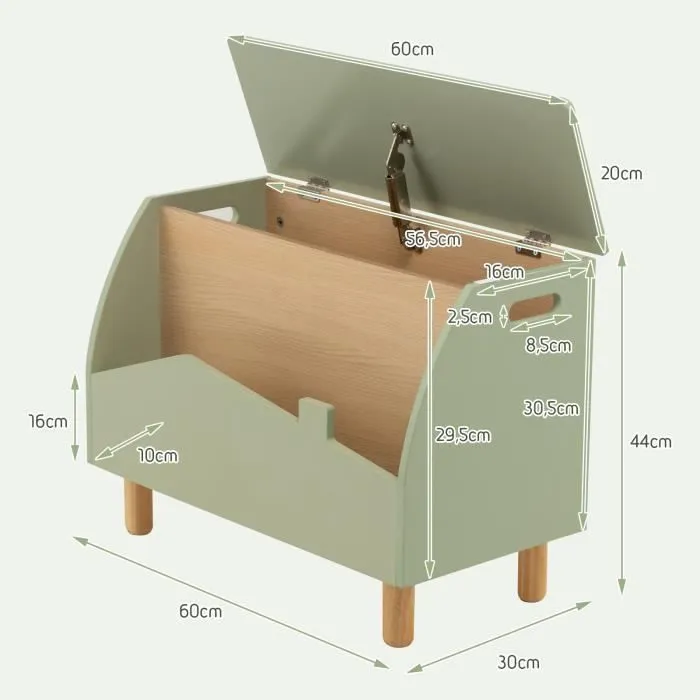 COSTWAY Coffre Jouet en Bois, Couvercle Rabattable, Charnière de Sécurité, 60 x 30 x 44 CM Rangement Salle de Jeux Vert-3