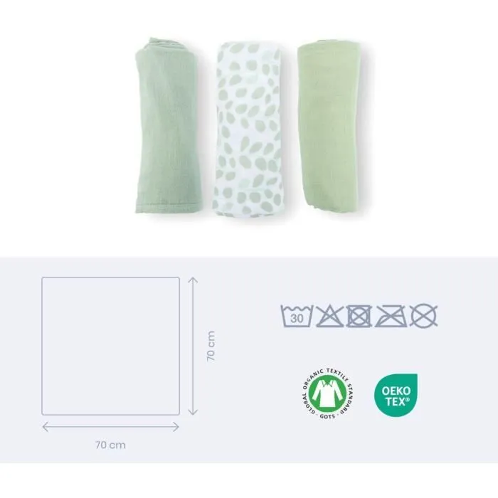 Lot de 3 langes - DOOMOO - Gaze de coton biologique - Certifié Oeko-Tex - Vert-3