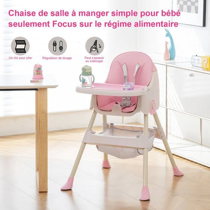 K IKIDO Chaise haute bébé, Chaise Haute Évolutive,De 6 mois à 3 ans,chaise 2 en 1 avec harnais 5 points, rose-1