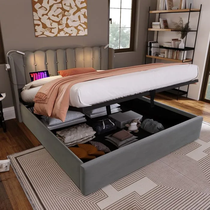 ModernLuxe Lit coffre 160x200 cm, lit adulte avec lampes de lecture et ports USB, sommier à lattes, tissu en velours, gris-0