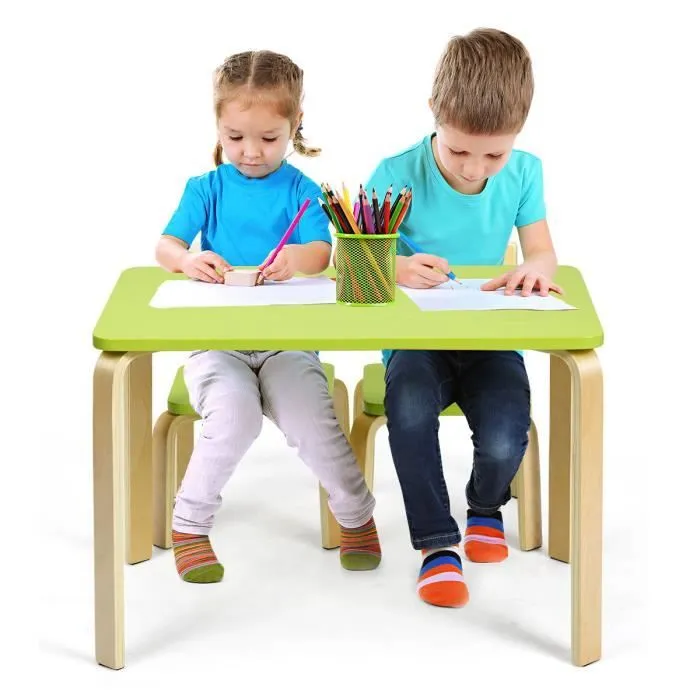 COSTWAY Ensemble Table et Chaise pour Enfant, Inclus 1 Table et 2 Chaises, Bonne Protection En Bois Courbé, Idéal pour l’Intérieur-1