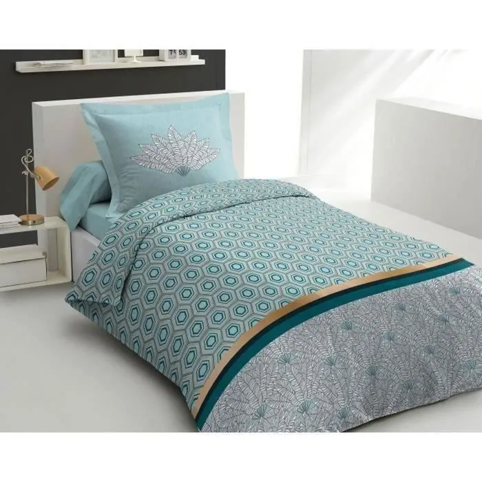 Parure de couette 140x200 cm HOME LINGE PASSION LOUXOR : Housse de couette + 1 taie d'oreiller - 100% Coton 57 Fils - Vert émeraude-3