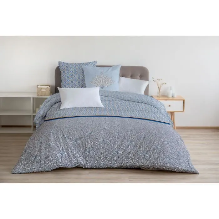 Parure de couette 220x240 cm HOME LINGE PASSION LOUXOR : Housse de couette + 2 taies d'oreiller - 100% Coton 57 Fils - Bleu-0