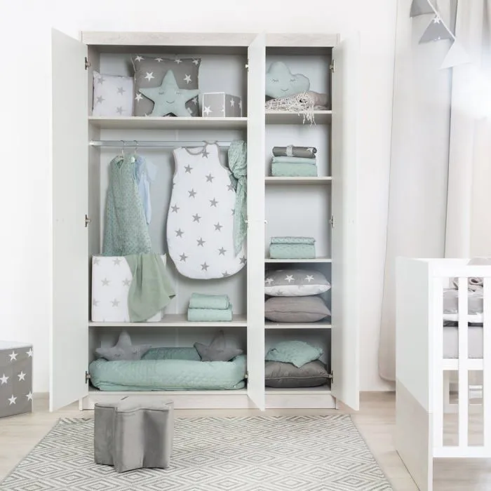 Armoire Bébé 3 Portes Battantes Julia - ROBA - Blanc / Chêne Sonoma - Penderie et 6 Étagères-3