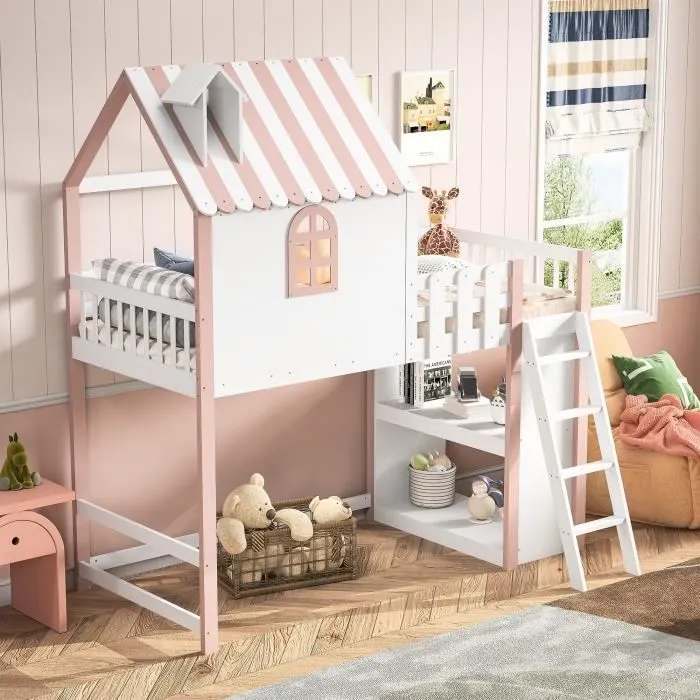 Lit mezzanine - Enfant - 90x200cm - Bois massif - Rose - Échelle de sécurité-0