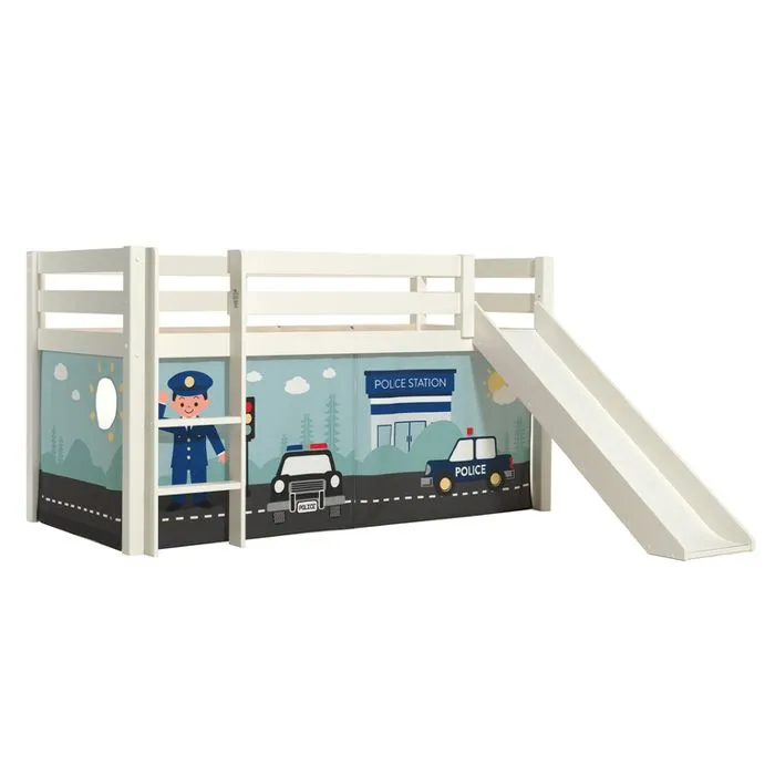 Lit mezzanine avec toboggan et rideau de lit Police - Vipack - Pino - Bois massif - Blanc - 1 place - 90x200 cm-2