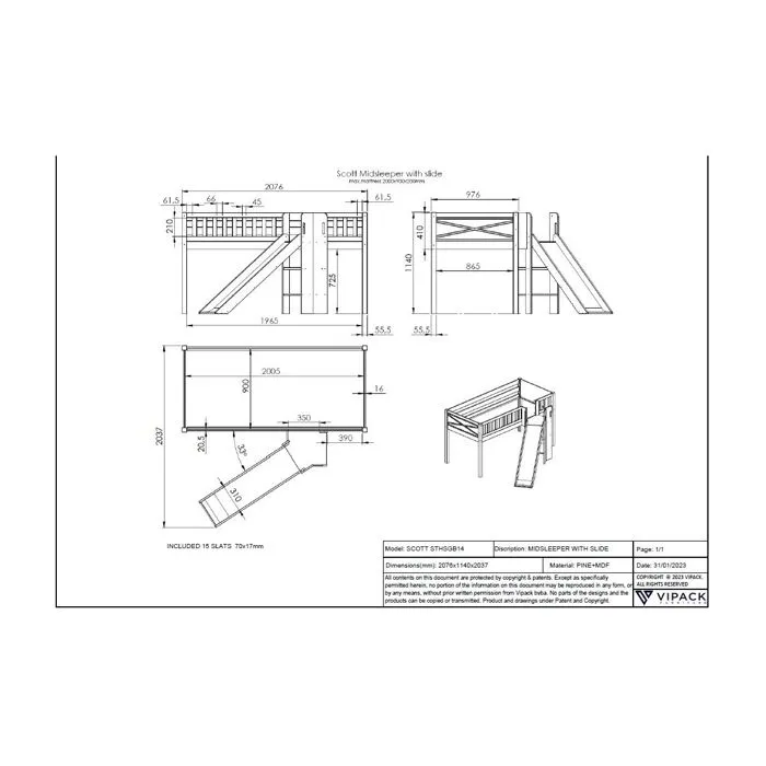 Lit Mezzanine avec Toboggan et Rideau Spring - Vipack - Scott - Blanc - Enfant - 1 place-4