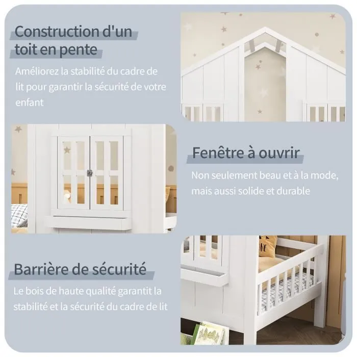 Lit cabane enfant 90x200cm - style pastorale - avec 2 fenêtres, toit, sommier à lattes et 2 tiroirs - sans matelas - en bois blanc-2