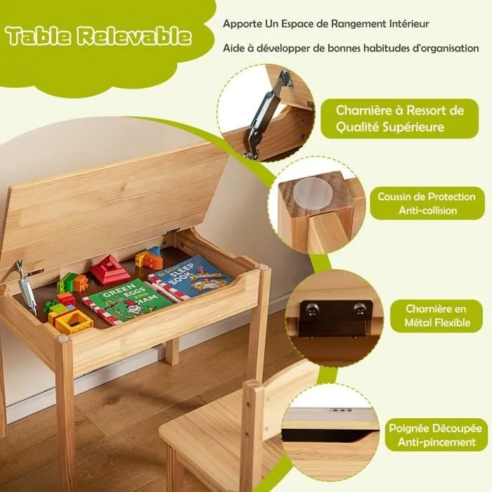 COSTWAY Bureau pour Enfants avec Chaise, Rouleau de Papier, Plateau Rabattable(Rangement Caché) en Bois pour 3+ Ans, Naturel-1