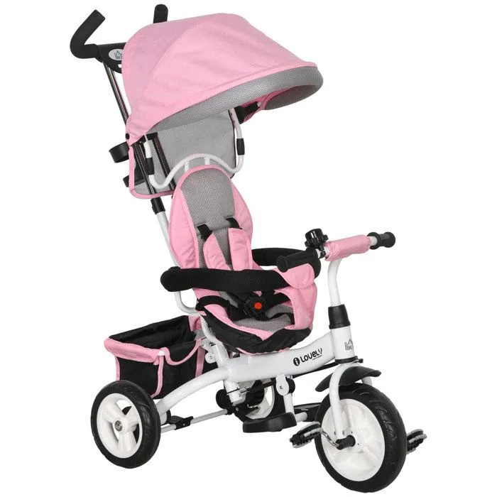Tricycle Enfant HOMCOM évolutif Pare-Soleil Pliable Canne télescopique Amovible 95 x 50 x 106 cm Acier Rose-0