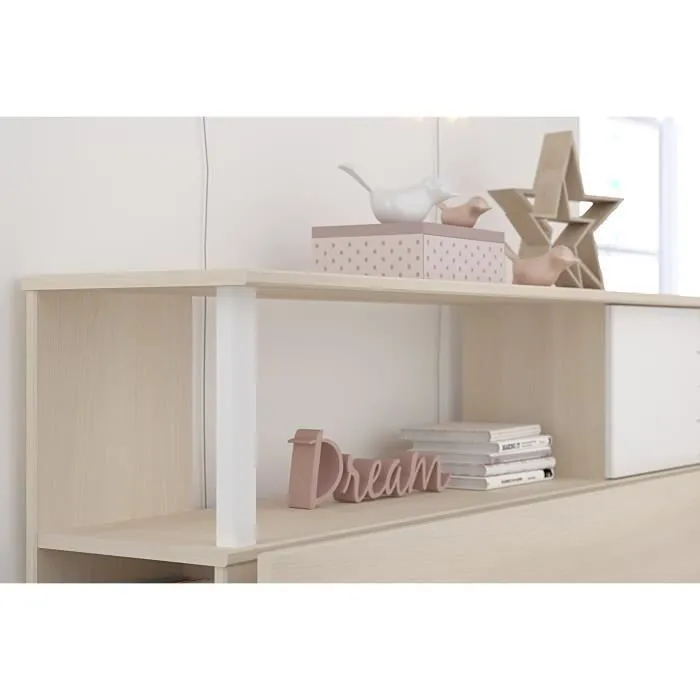 PARISOT Ensemble lit + tête de lit avec rangement - Style contemporain - Décor acacia clair et blanc - CHARLEMAGNE-3