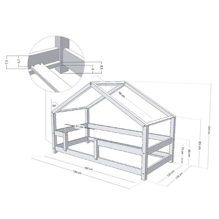 Lit cabane enfant LUCKY 120 x 180 gris-3