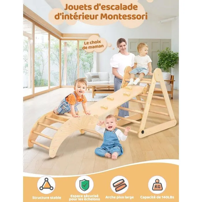 Triangle à Grimper,Cadre à Grimper Pliant Montessori avec Arche de Toboggan, Station de jeux pour Enfants, Bois naturel-4
