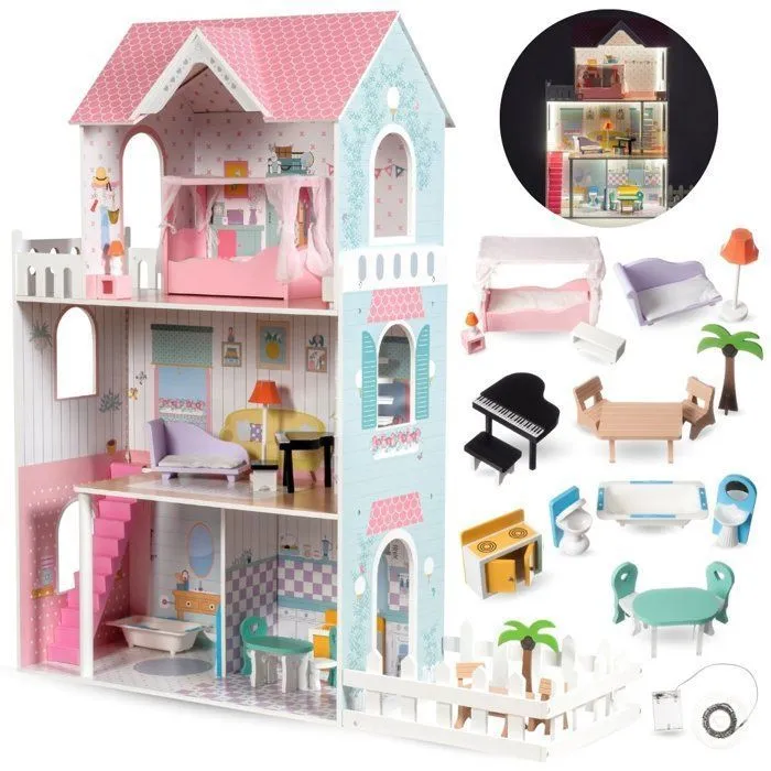 Grande Maison de Poupées en Bois Mamabrum, Éclairage LED, Jardin, 3 Étages,  4 Pièces,  Meubles Mobiles Piano, Lit, Canapé, Cuisine-0