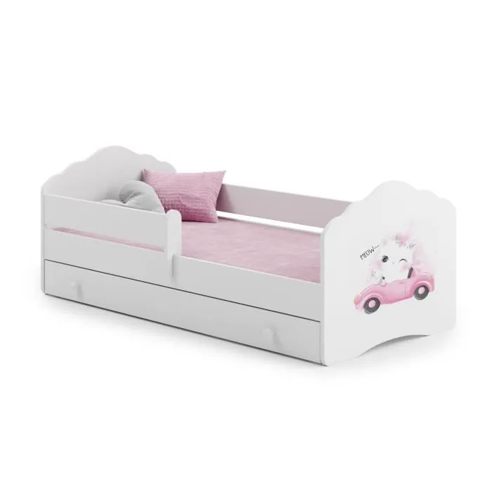 Lit enfant "chat", tiroir , matelas et barrière de protection , taille 140x70-0
