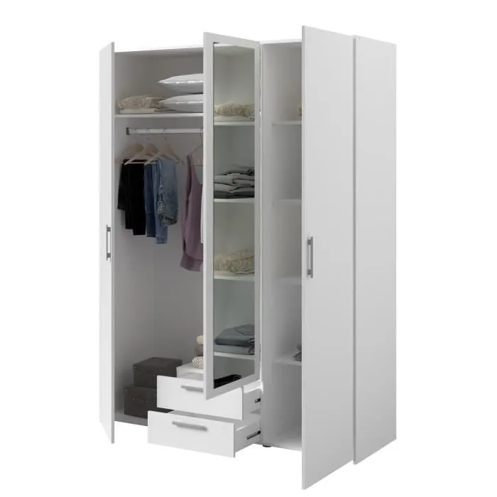 Armoire VARIA - Décor blanc - 3 portes + 2 tiroirs + miroir - L 150 x H 200 x 51 cm-4