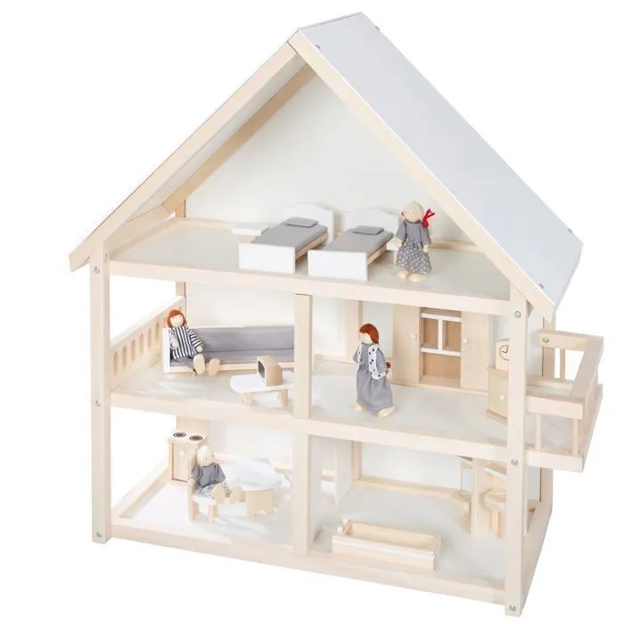 ROBA Maison de Poupée à 3 Étages en Bois Naturel + 16 Pièces de Mobilier et 4 Poupées - Jouet d'Imitation-0