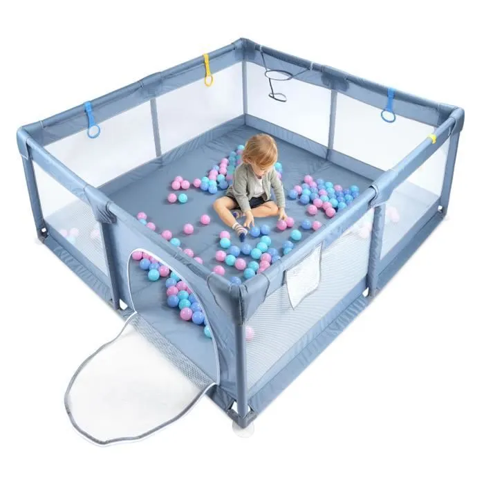 HENGMEI Clôture de Divertissement 150 x 180 x 66 cm, Filet Respirant pour Zone d'activité, Ballon de jeu Anneaux de Traction, Gris-0