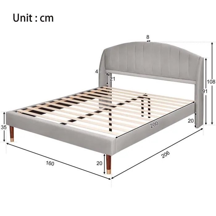 Lit adulte 160x200 cm avec sommier à lattes, tissu en velours, gris-3