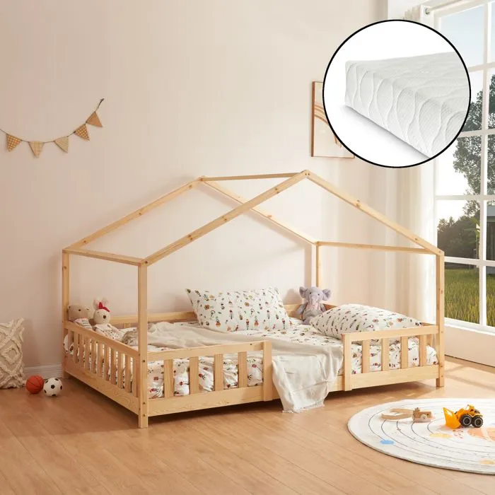 Lit d'enfant Treviolo Forme Maison avec Matelas à Mousse à Froid 200 x 140 cm Naturel-0