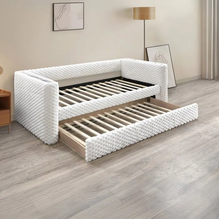 LEANA - Lit gigogne tissu blanc 90x190 cm-3