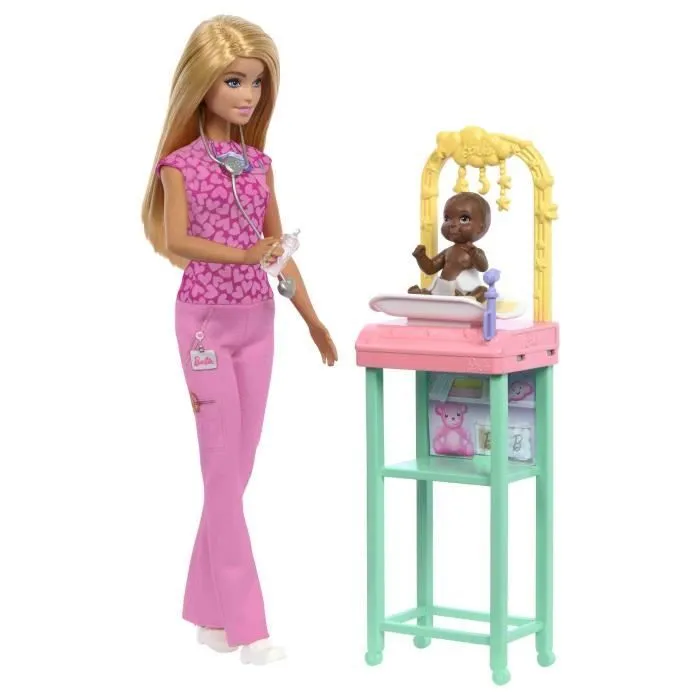 Barbie-Coffret Barbie Pédiatre-Poupée Blonde Et Poupée Bébé - 3 ans+- JCR72-6